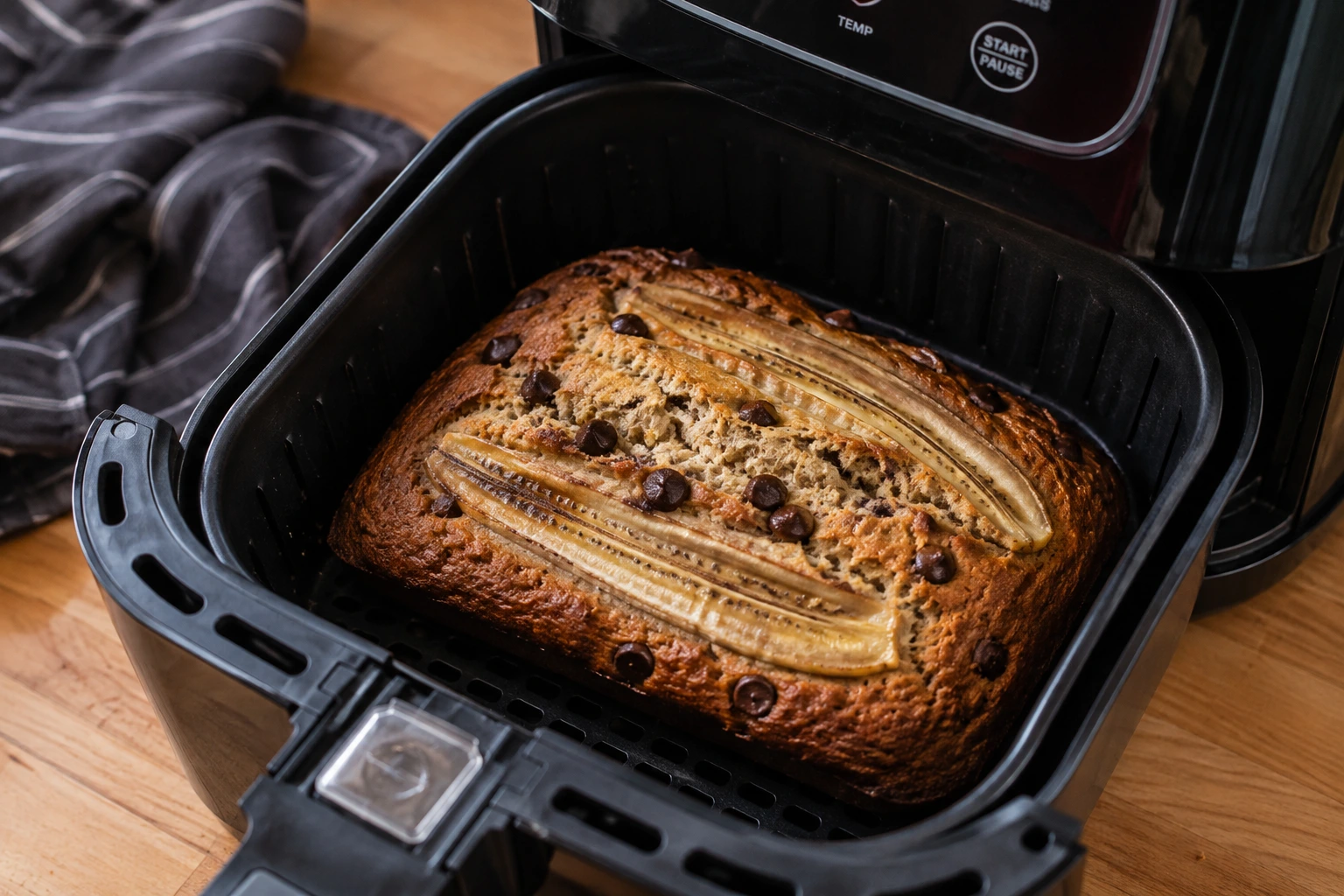 A banana bread loaf baked in an air fryer basket, topped with halved bananas and chocolate chips