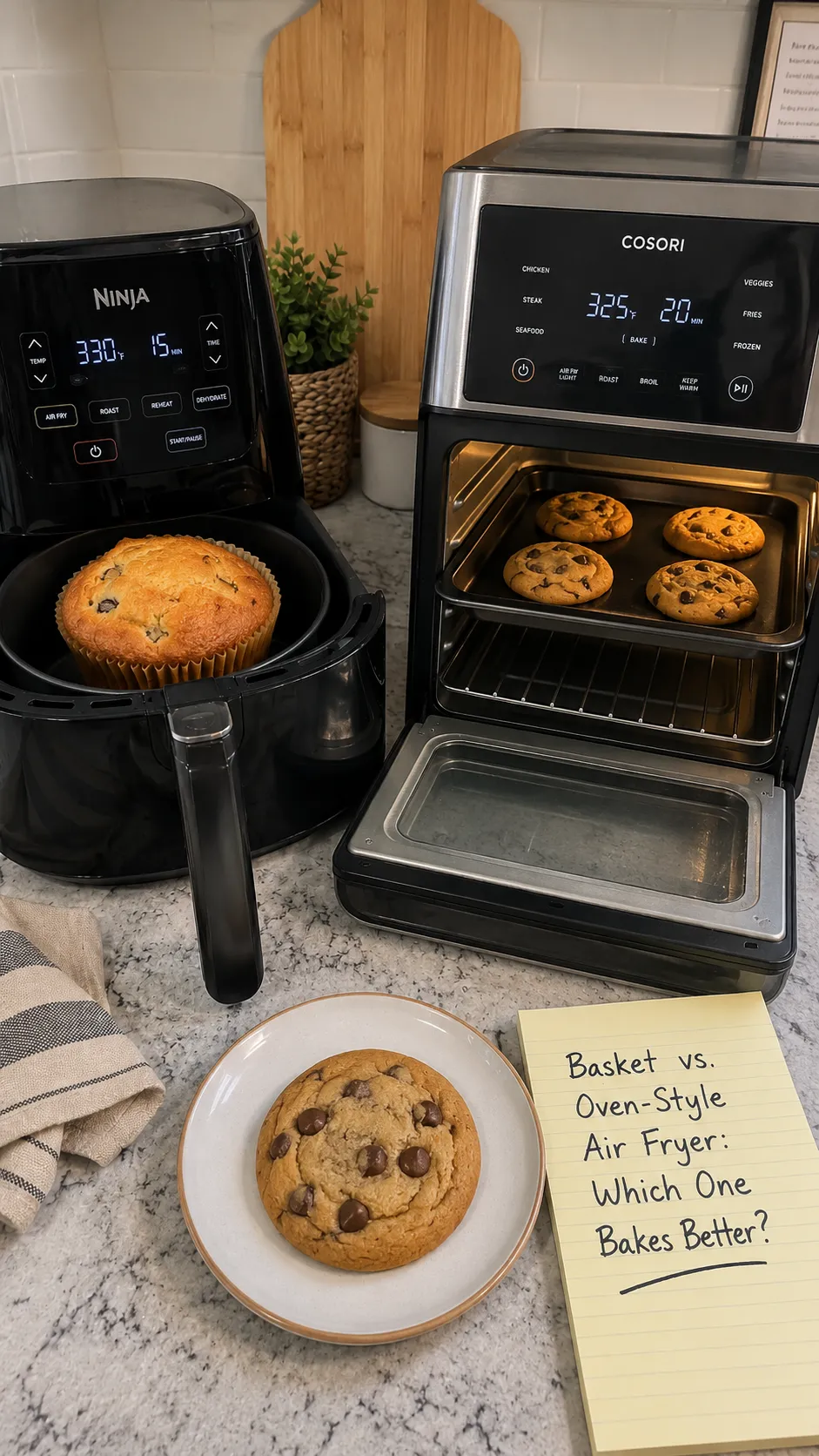 A Ninja basket air fryer set to 330 degrees beside a Cosori oven-style air fryer set to 325 degrees, both baking