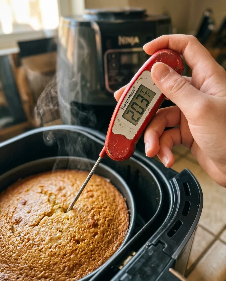 A hand holding a digital instant-read thermometer reading just over 203F with the probe in a cake in an air fryer basket