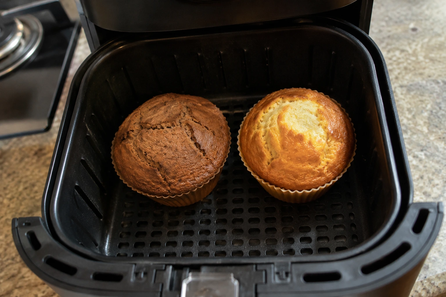 Two cakes side by side in an air fryer basket, one dark brown with a deep cracked top and one evenly golden and domed