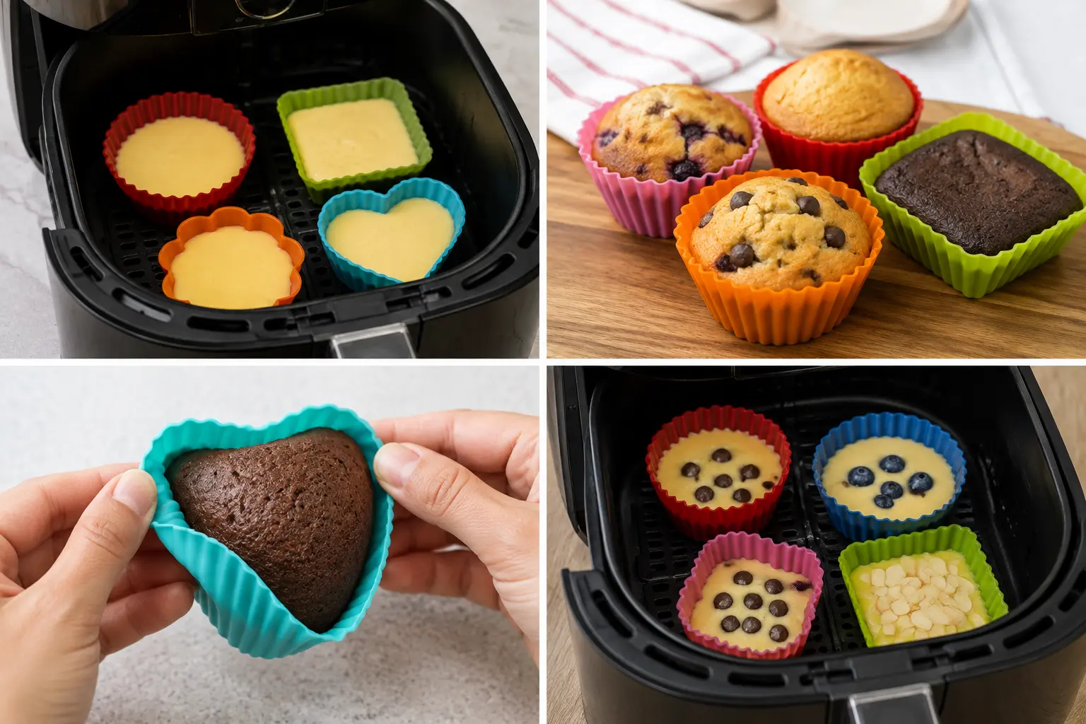 Muffin batter filled two-thirds of the way up silicone molds before baking