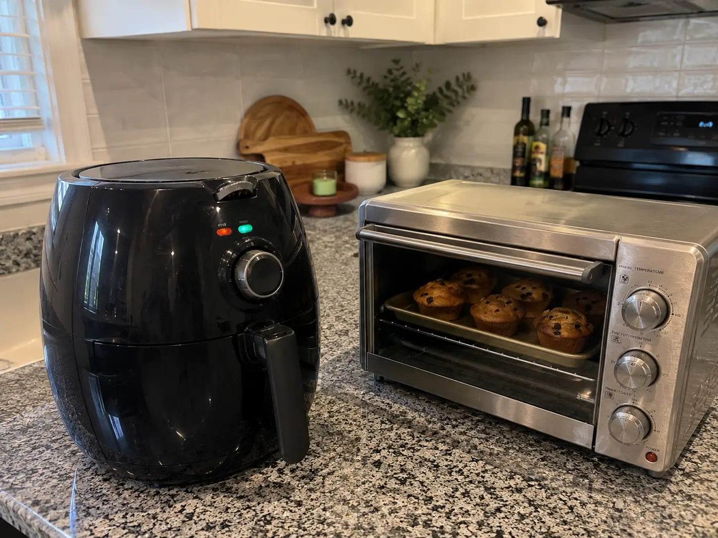 Six chocolate chip muffins baking on a tray in a toaster oven next to a basket air fryer