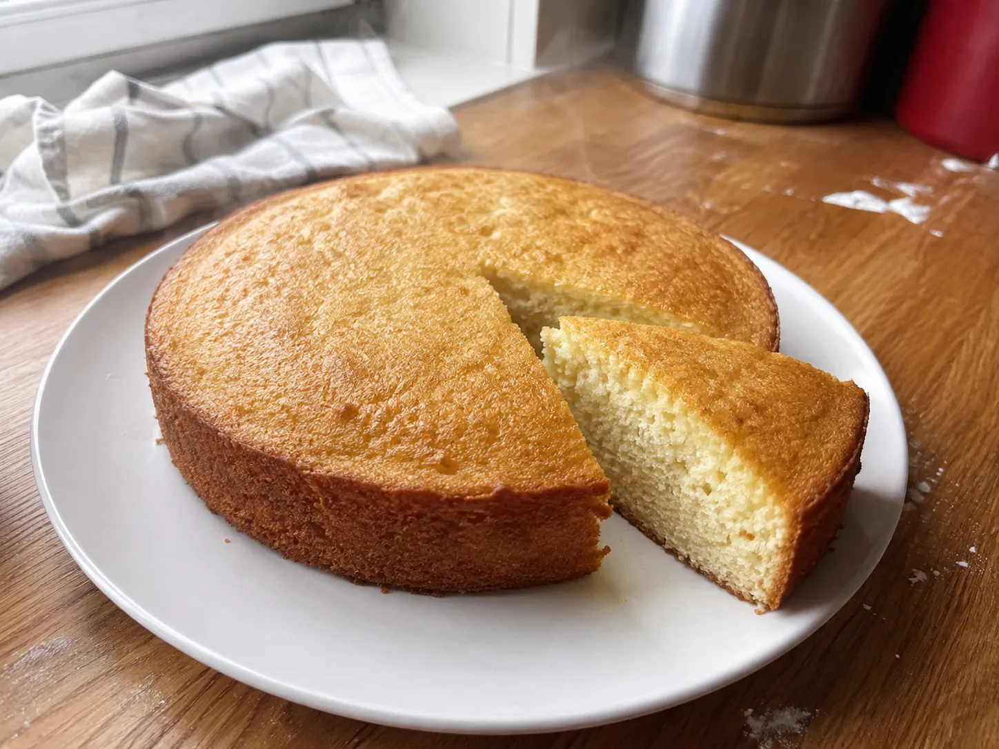 An air fryer vanilla cake on a white plate with one wedge cut, showing a fine even crumb