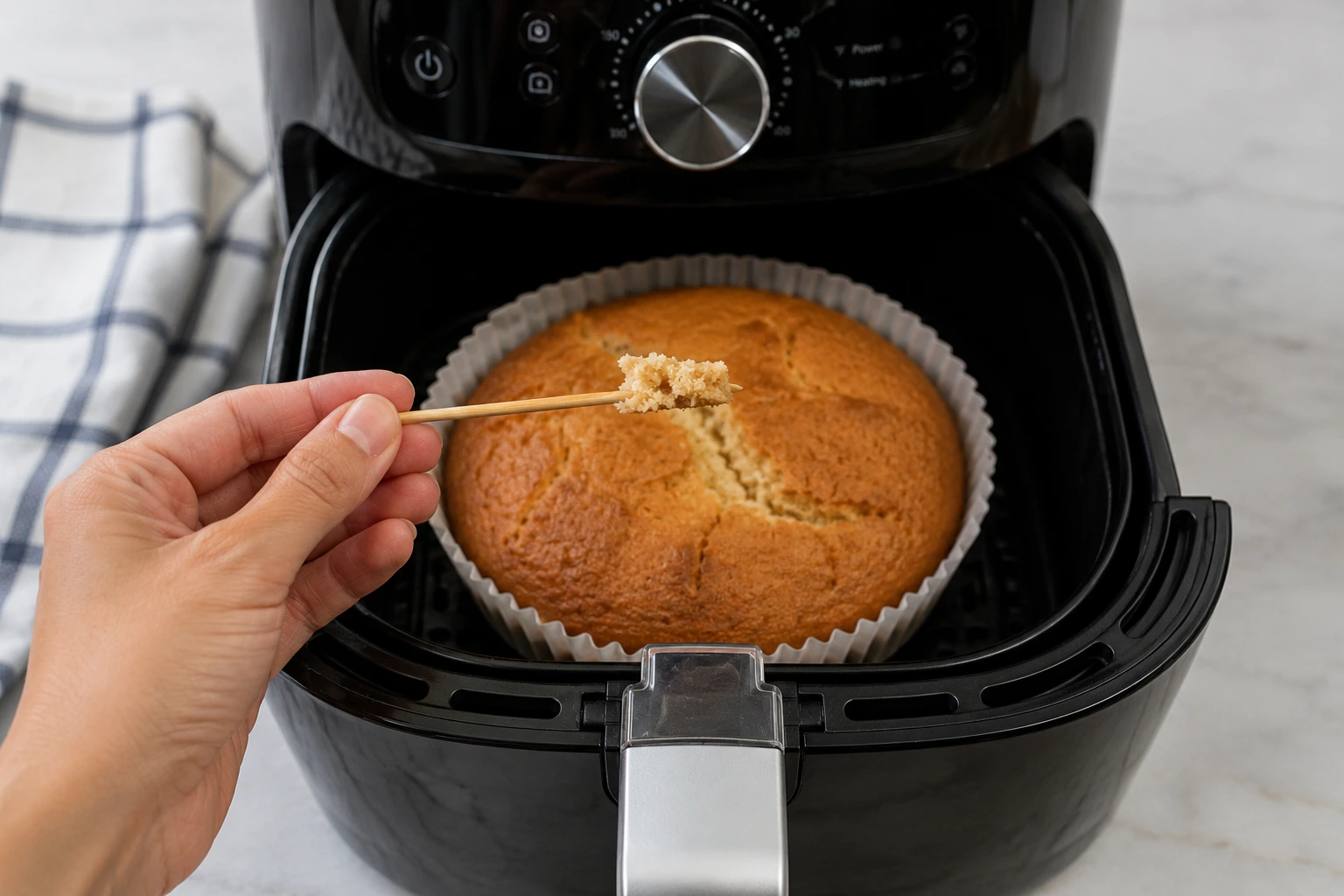 A wooden skewer lifted from an air fryer cake with moist crumbs clinging to it