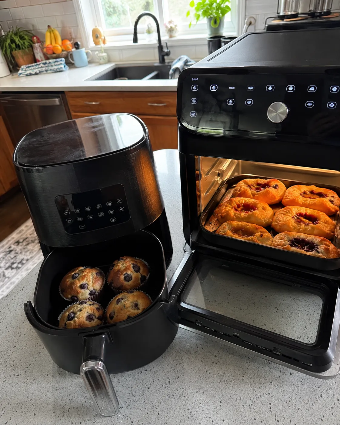 A basket air fryer holding four blueberry muffins next to an oven-style air fryer holding a full tray of muffins