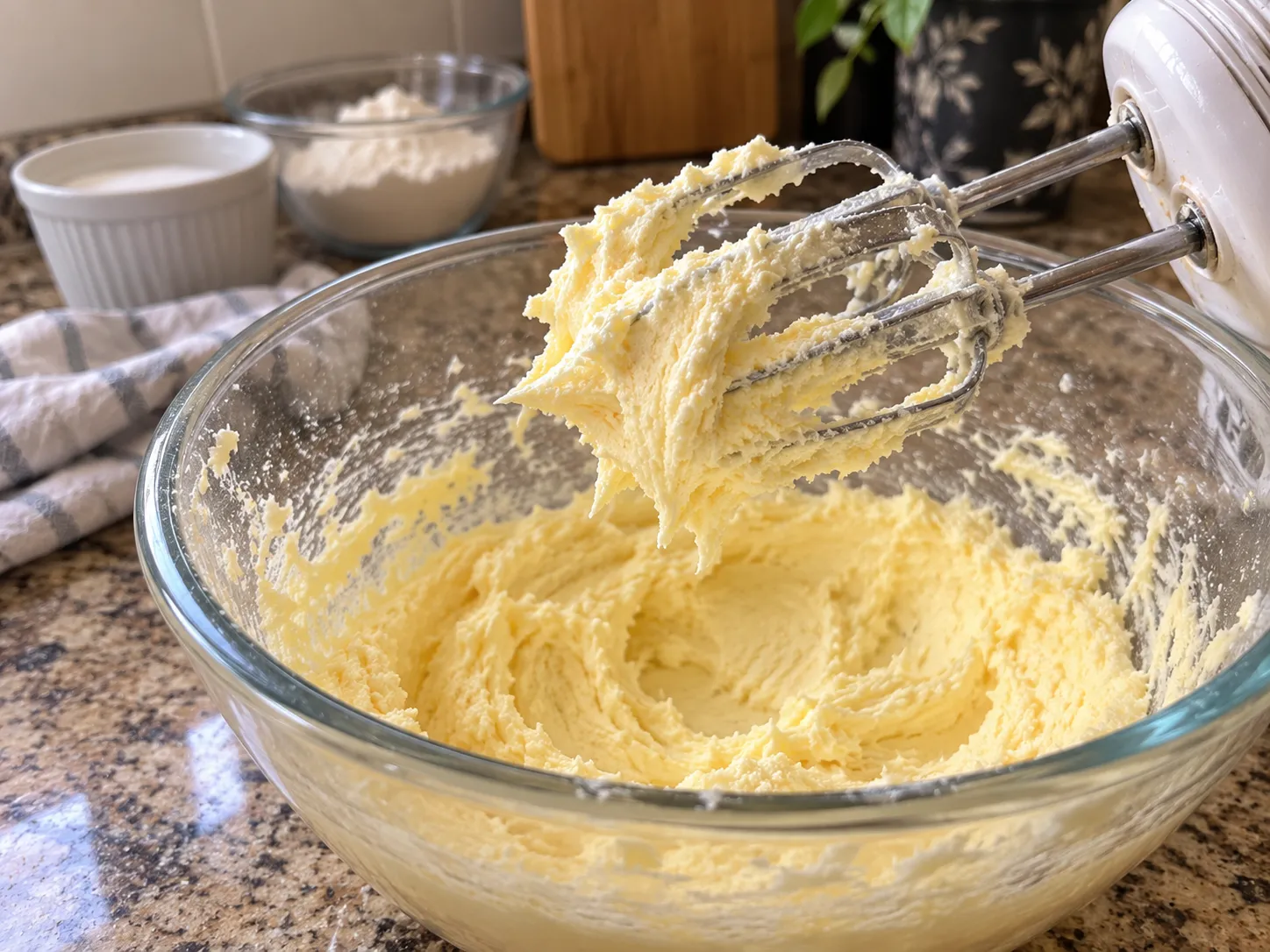 Creamed butter and sugar clinging to electric beaters, pale yellow and visibly aerated