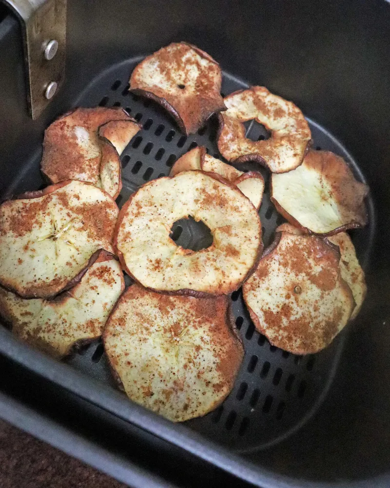 Dried apple chips curled and browned in an air fryer basket