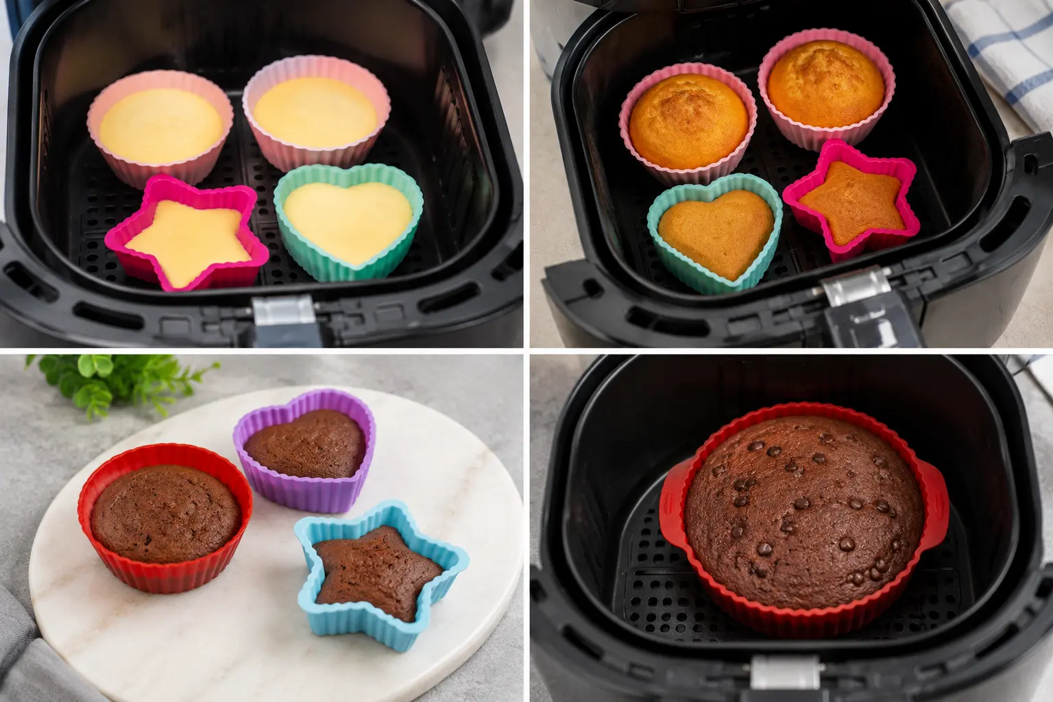 Silicone molds filled with batter sitting in an air fryer basket