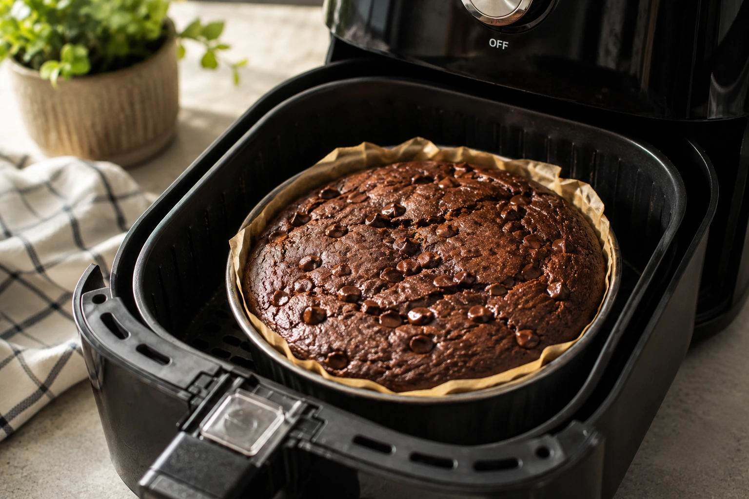 A chocolate cake baked in a parchment-lined pan sitting in an air fryer basket