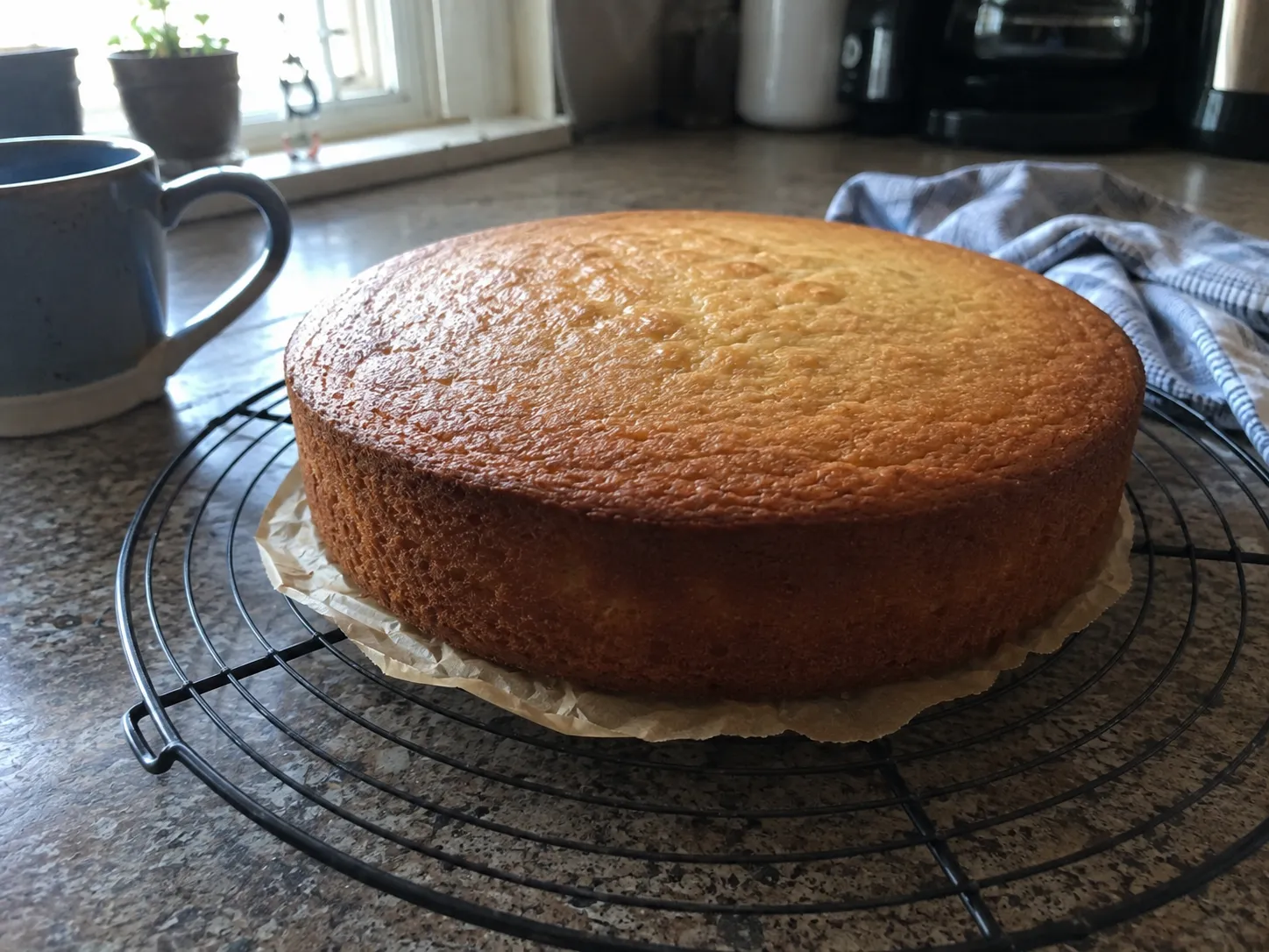 A baked vanilla cake cooling on a wire rack with a flat level top and no dome or crack