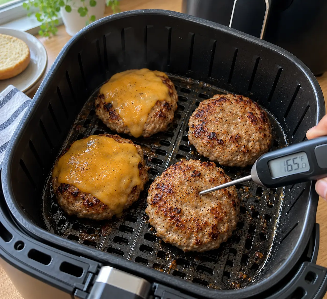 An instant-read thermometer probed horizontally into an air fryer turkey burger reading 165 degrees