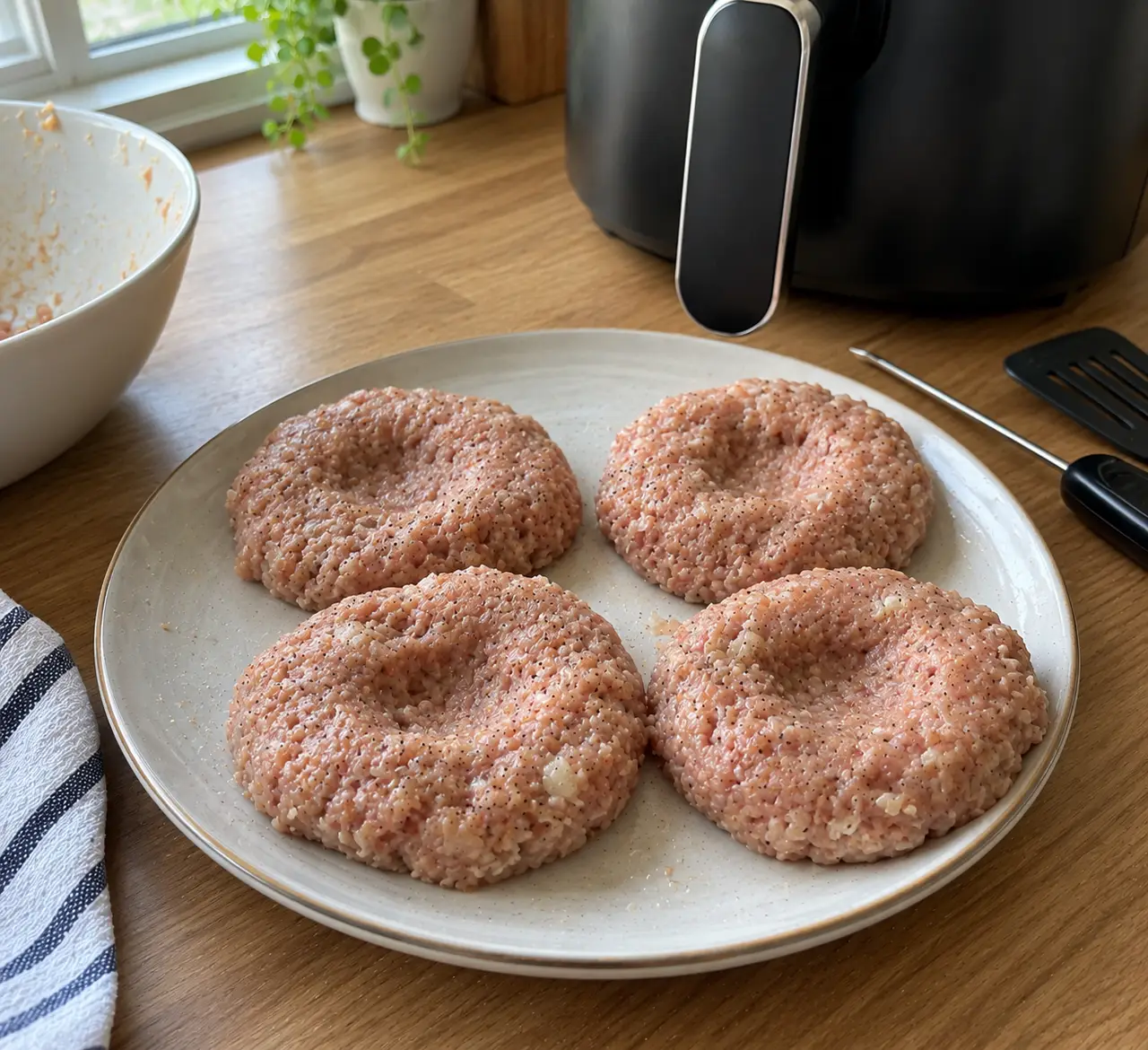 Four raw turkey burger patties on a plate, each with a thumb dimple pressed into the center