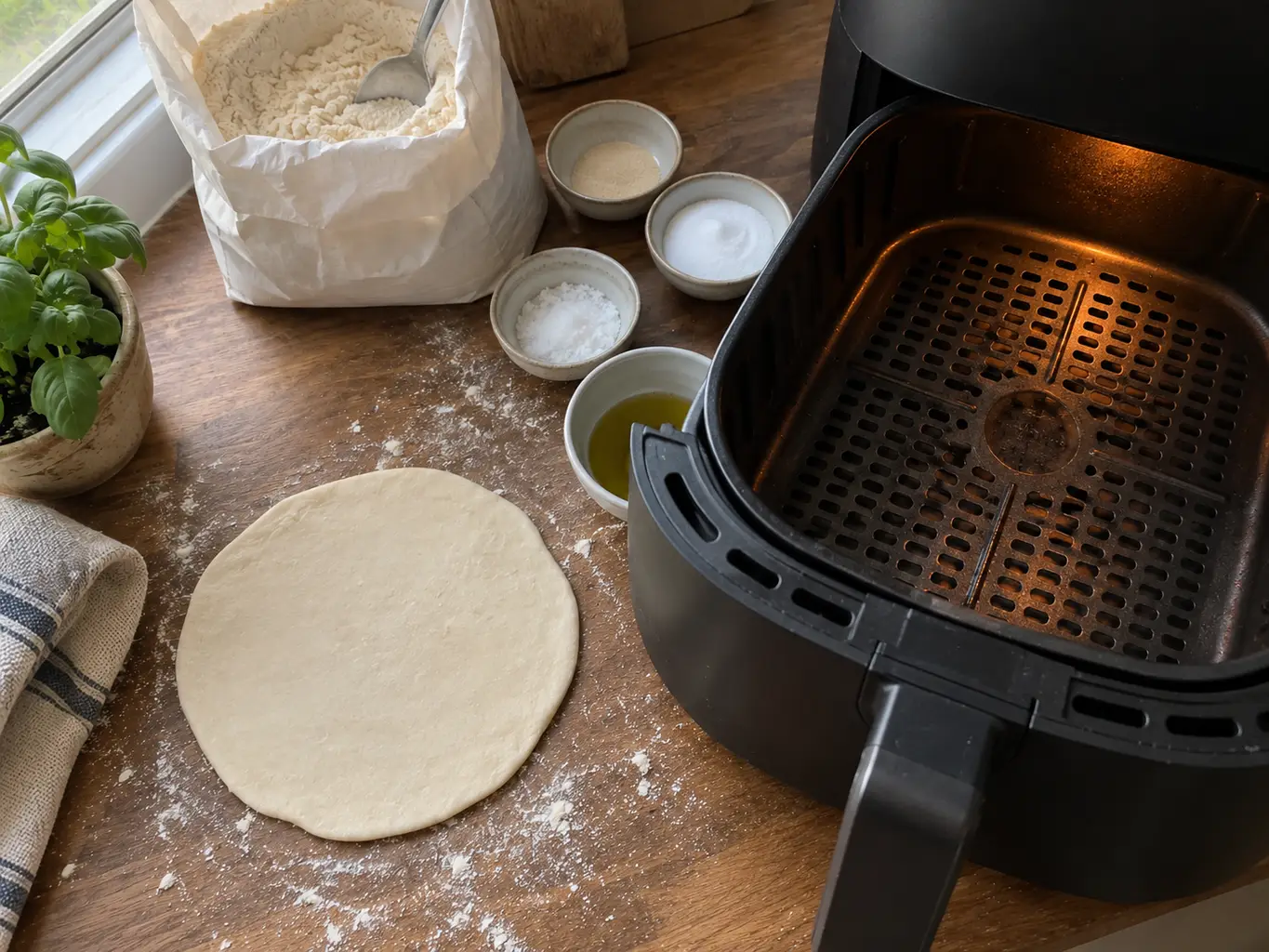 A rolled pita round resting on a floured counter beside an empty air fryer basket glowing hot