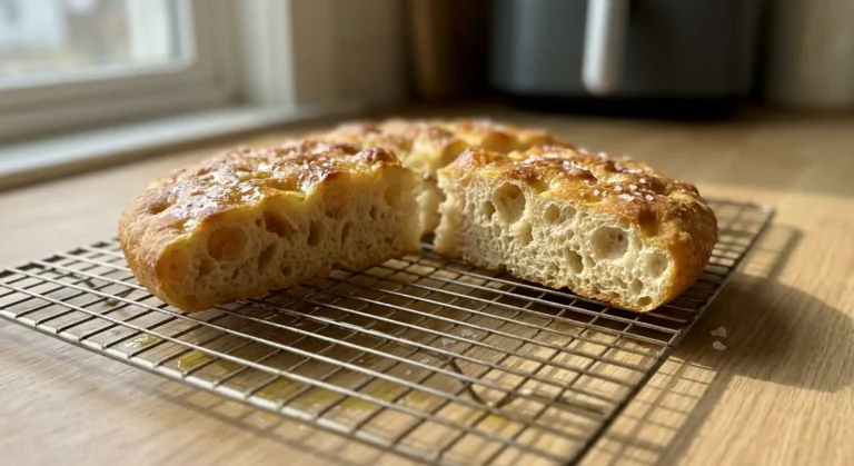 Air fryer focaccia cooling on a wire rack by a window