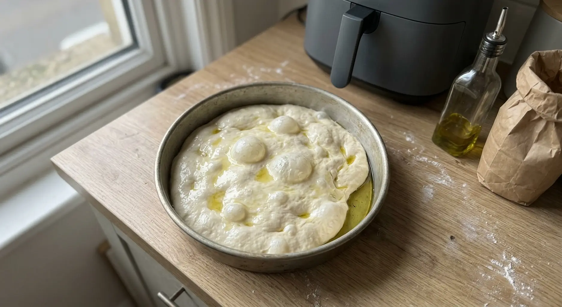 Dimpled focaccia dough resting in a round metal pan with olive oil pooled around it
