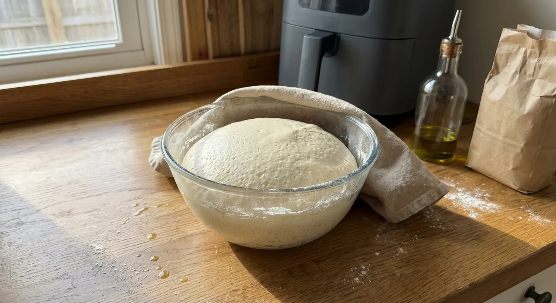 Risen focaccia dough doubled into a smooth dome in a glass bowl under a cloth