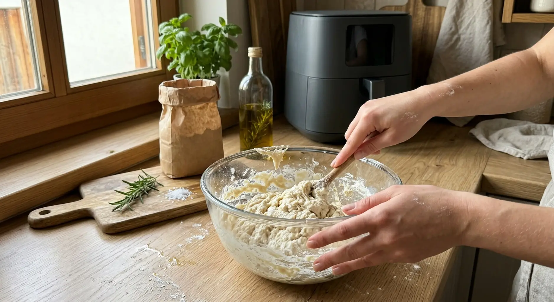 Stirring wet shaggy focaccia dough together in a glass bowl with a spoon
