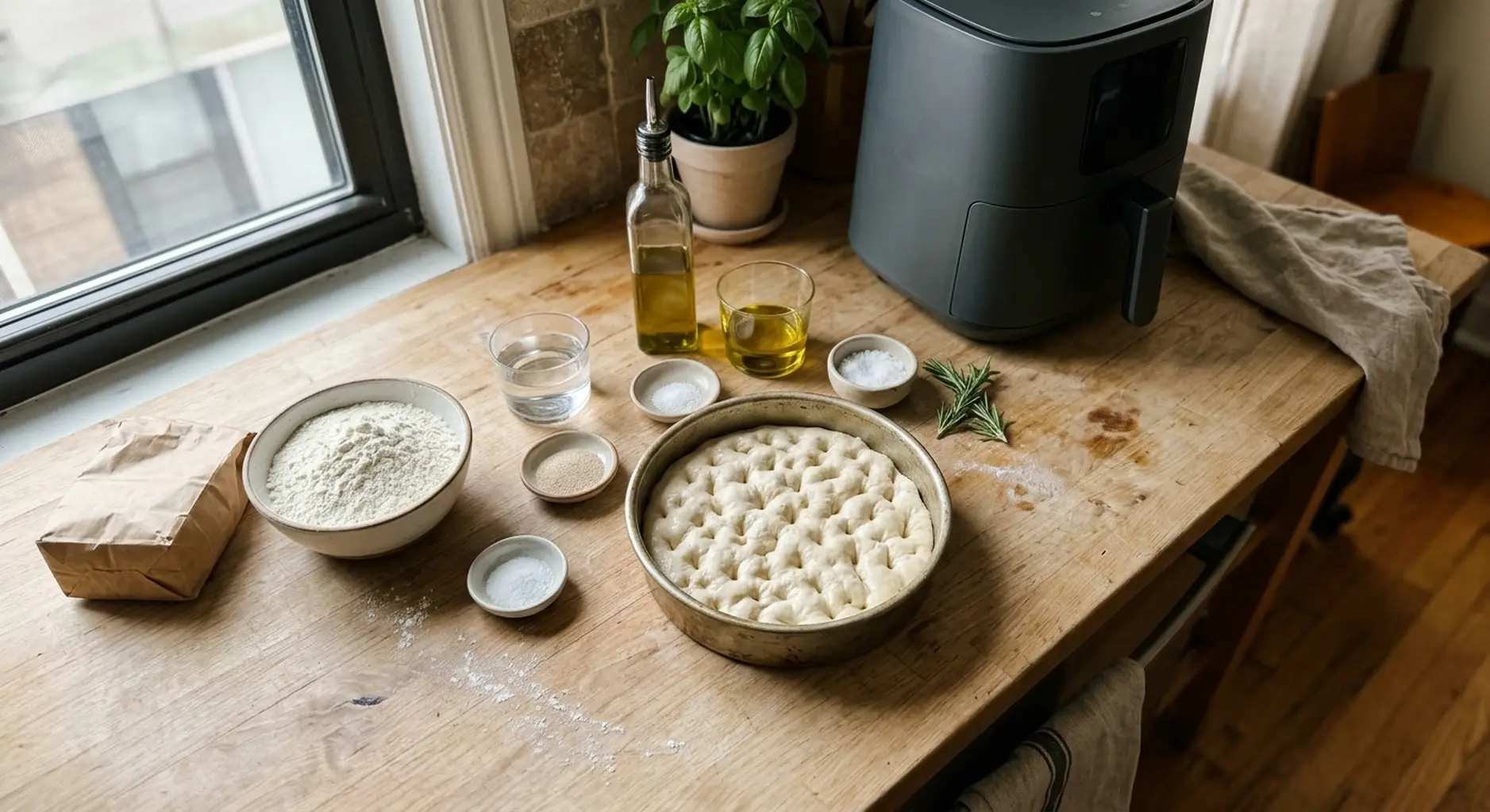 Flour, water, olive oil, yeast, salt and rosemary laid out on a wooden counter beside an air fryer