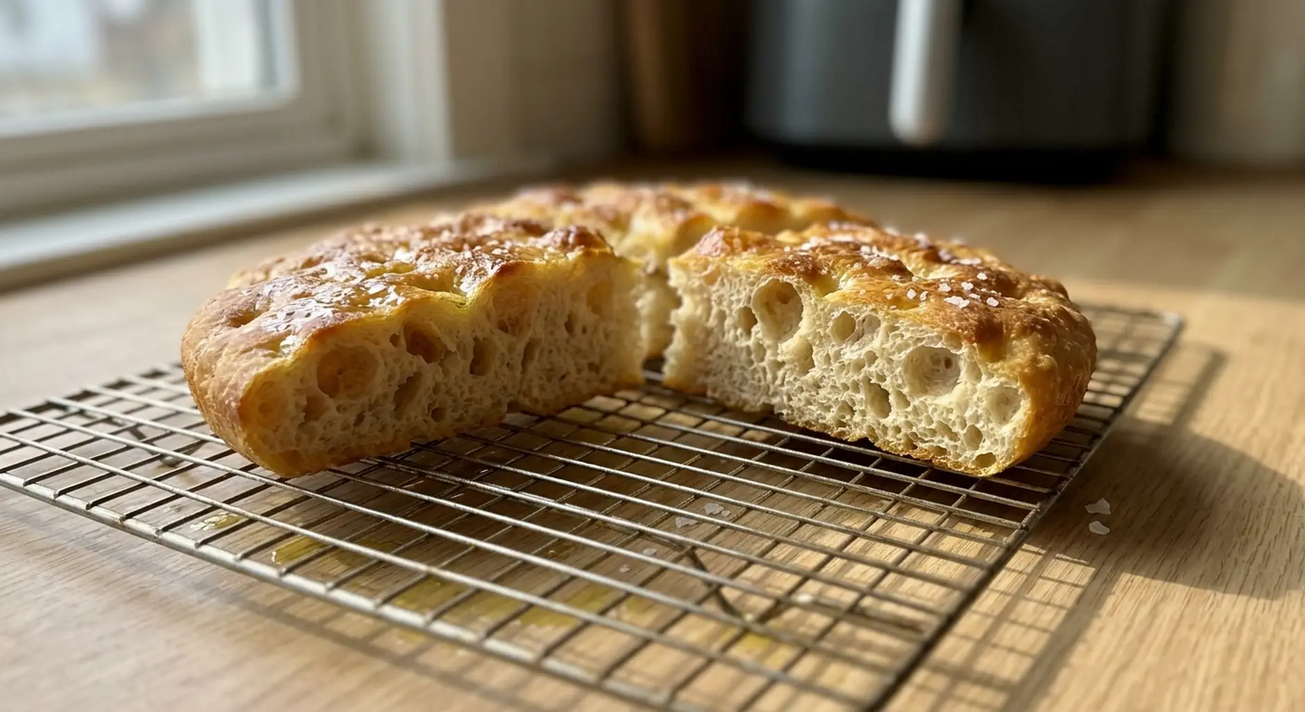 A cut round of air fryer focaccia cooling on a wire rack, showing an open airy crumb and dimpled golden top