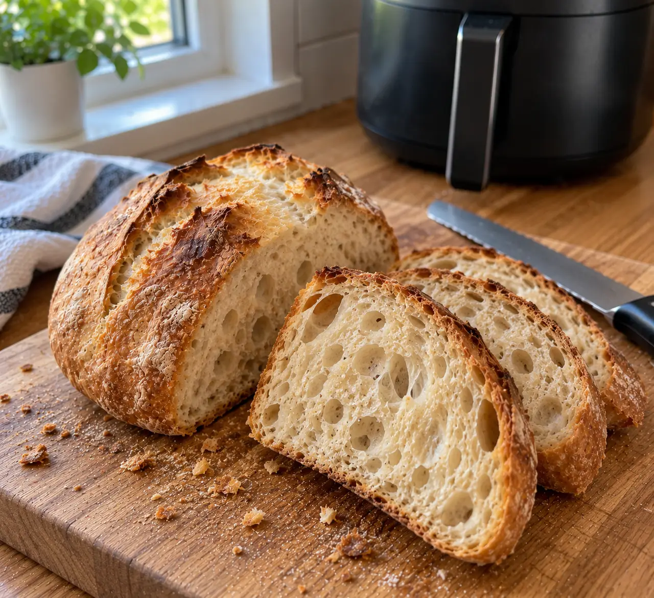 A round air fryer no-knead loaf on a wooden board, cut open to show an open glossy crumb and a deep golden crust