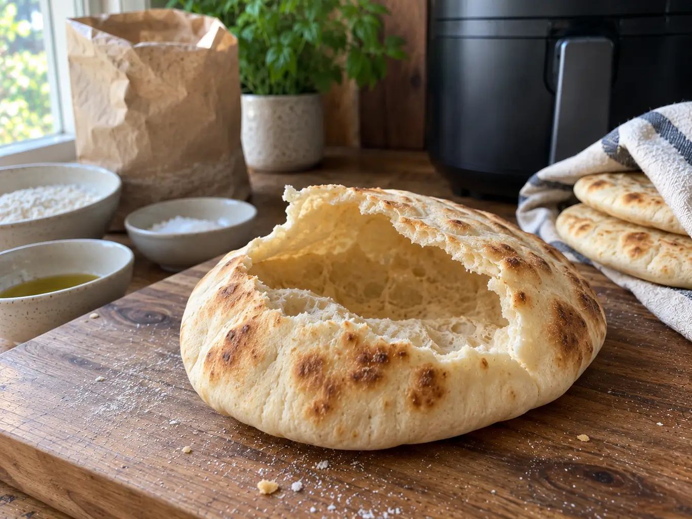 An air fryer pita opened to show the hollow pocket, with a stack of finished pitas under a towel behind
