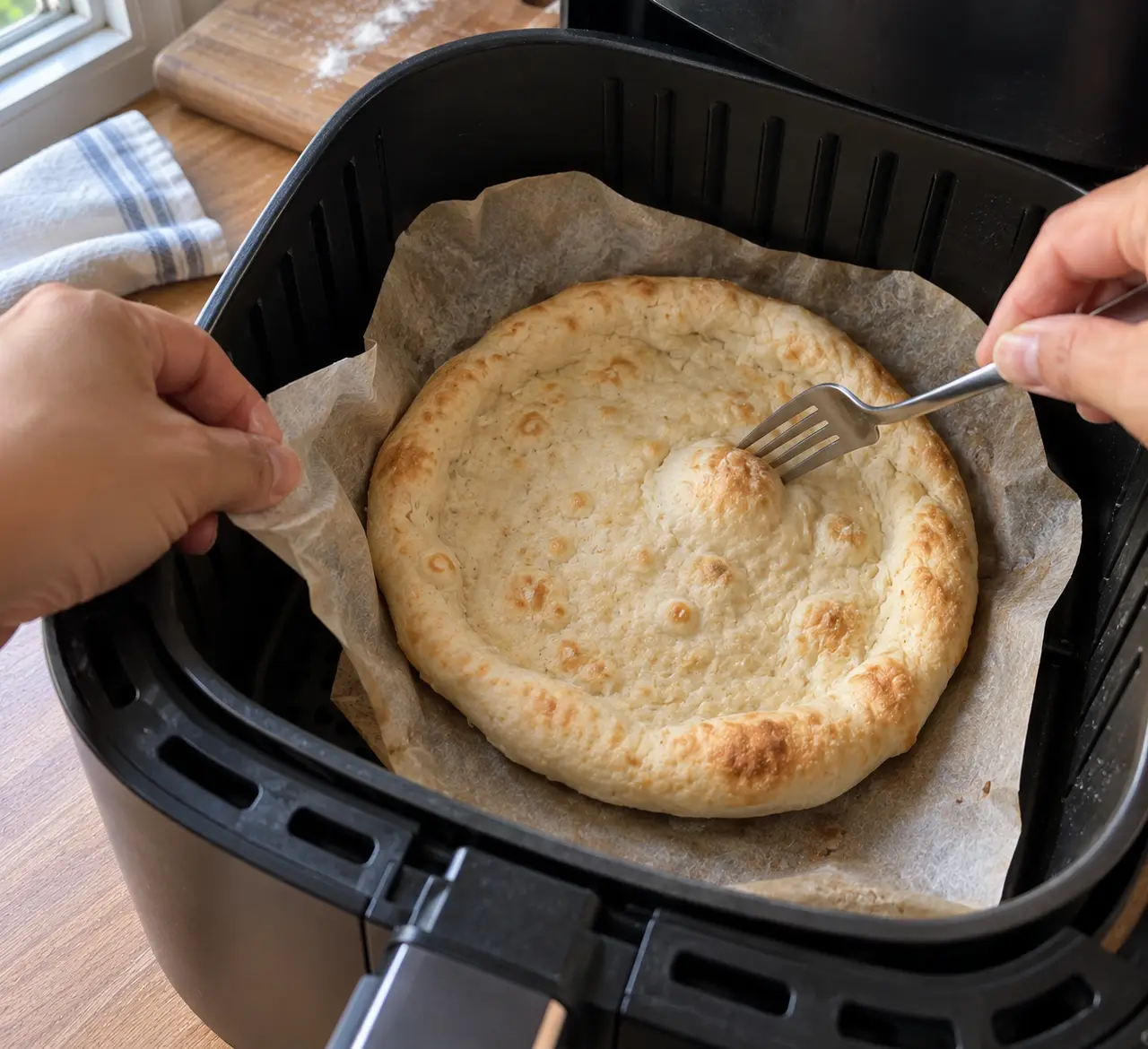 A naked par-baked pizza crust in an air fryer basket with a fork popping a large blister