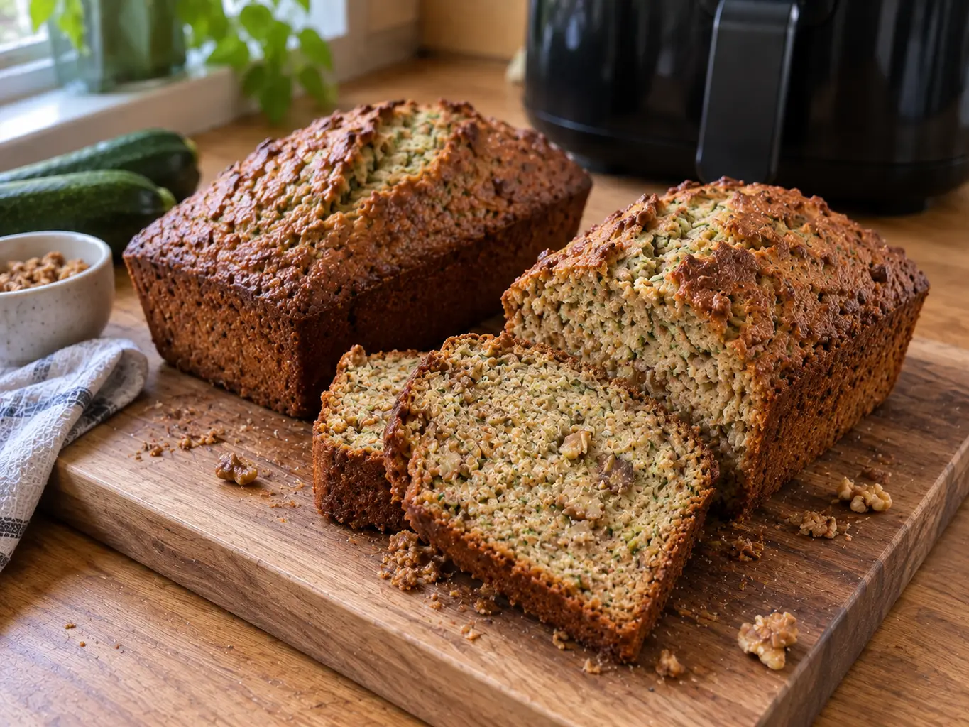 Two air fryer zucchini bread mini loaves on a wooden board, one sliced to show a moist walnut-flecked crumb