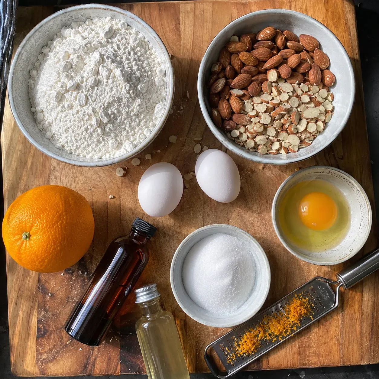 Biscotti ingredients on a board: flour, whole and sliced almonds, eggs, sugar, an orange being zested, vanilla and almond extract