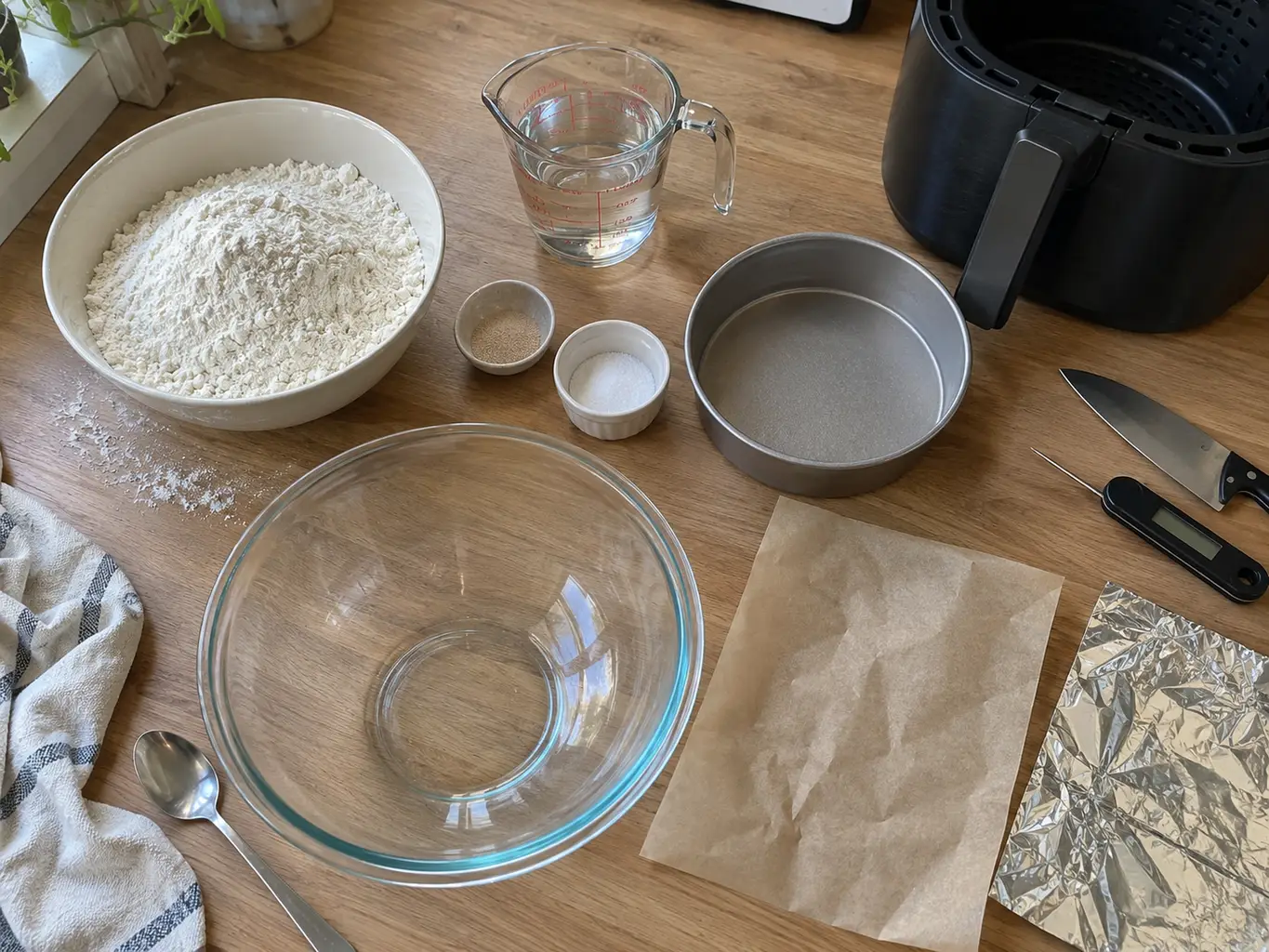 Flour, water, salt and yeast measured out on a wooden counter beside a bowl, a 7 inch cake pan, parchment, foil and a thermometer