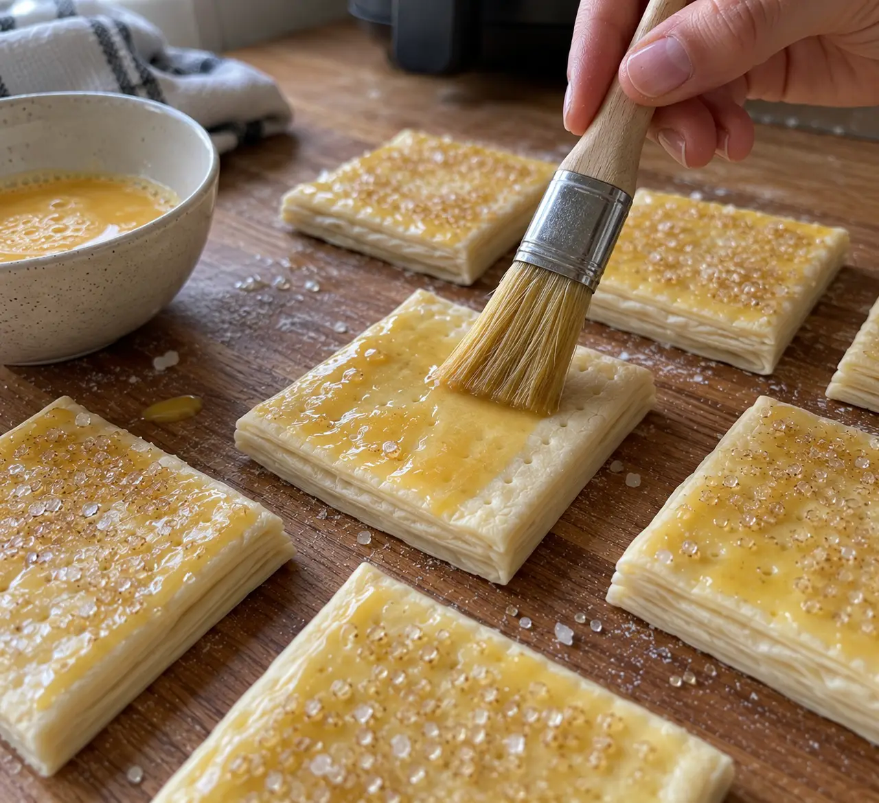 Egg wash being brushed onto the top surface of cut puff pastry squares