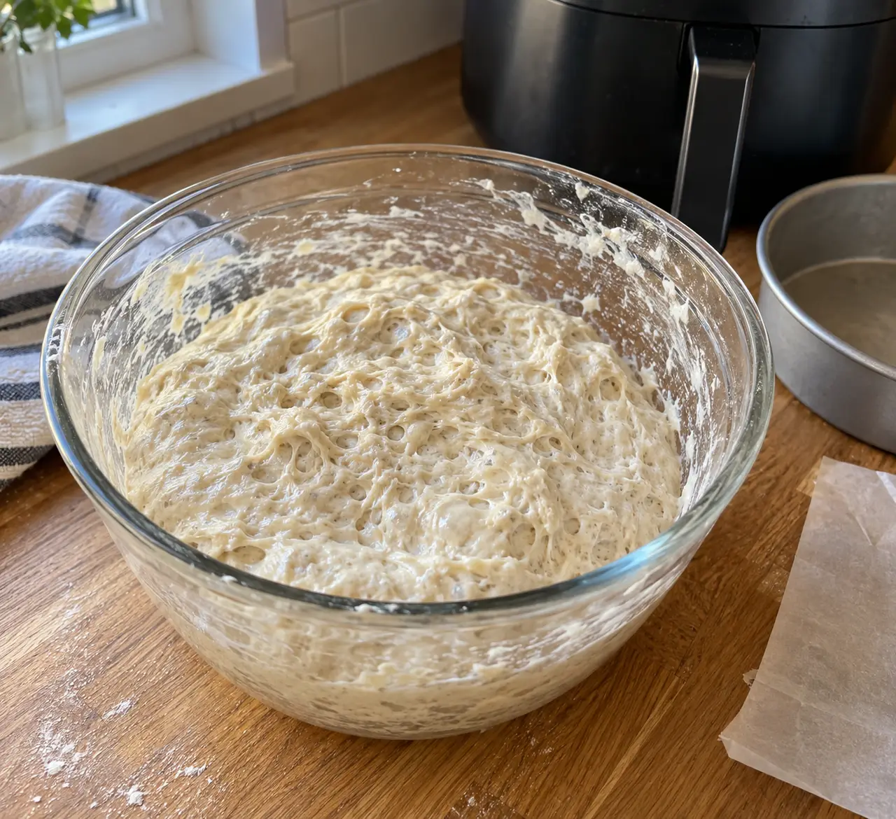 Risen no-knead dough filling a glass bowl, its surface covered in fermentation bubbles, next to an air fryer and a metal cake pan