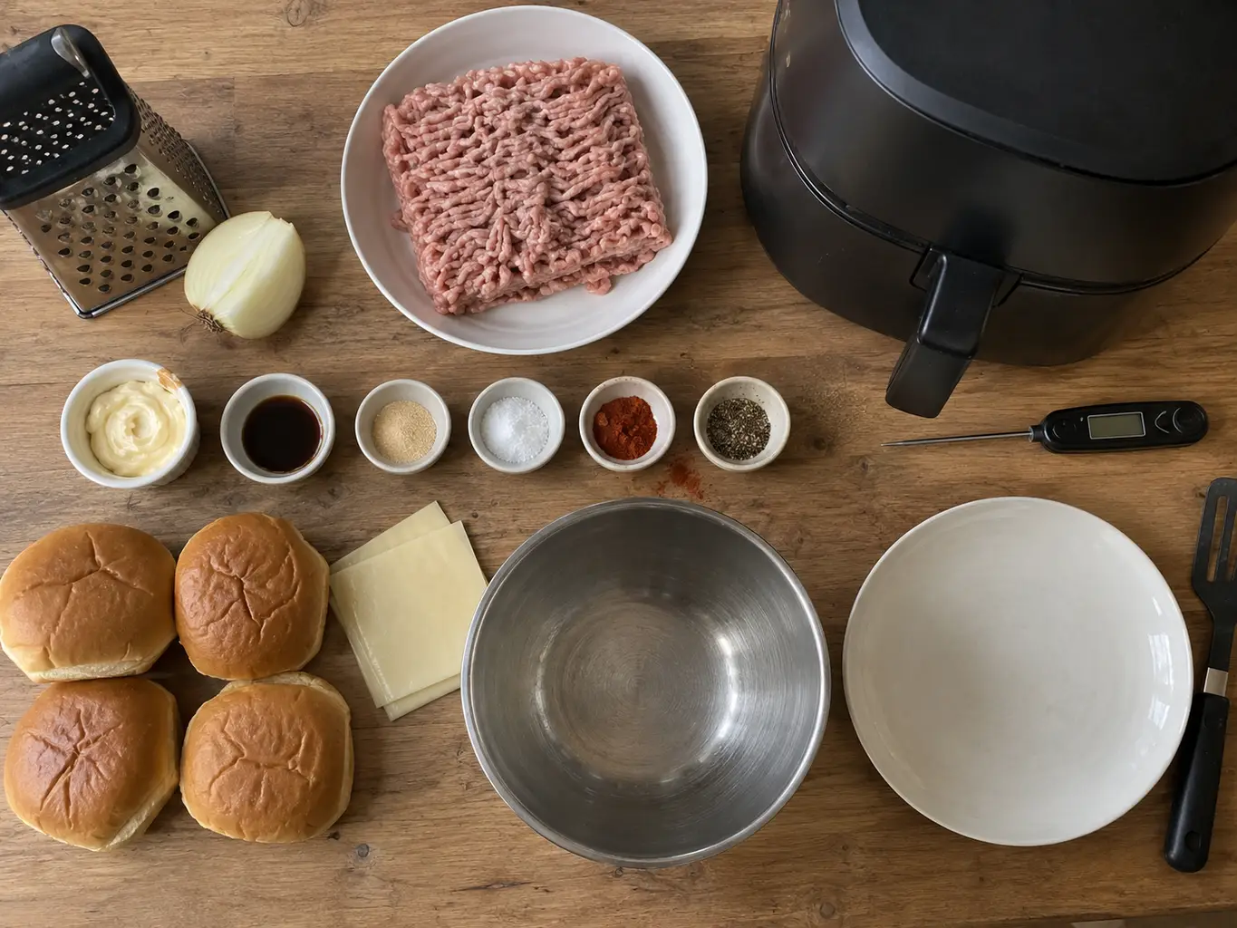 Ground turkey, onion, mayonnaise, Worcestershire sauce and seasonings laid out for turkey burgers
