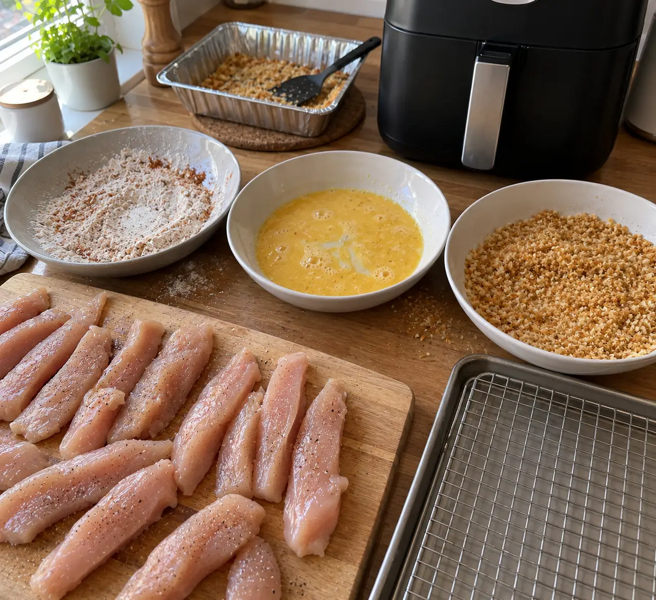 Three shallow dishes of seasoned flour, beaten egg and toasted golden panko lined up beside salted chicken strips and a cooling rack