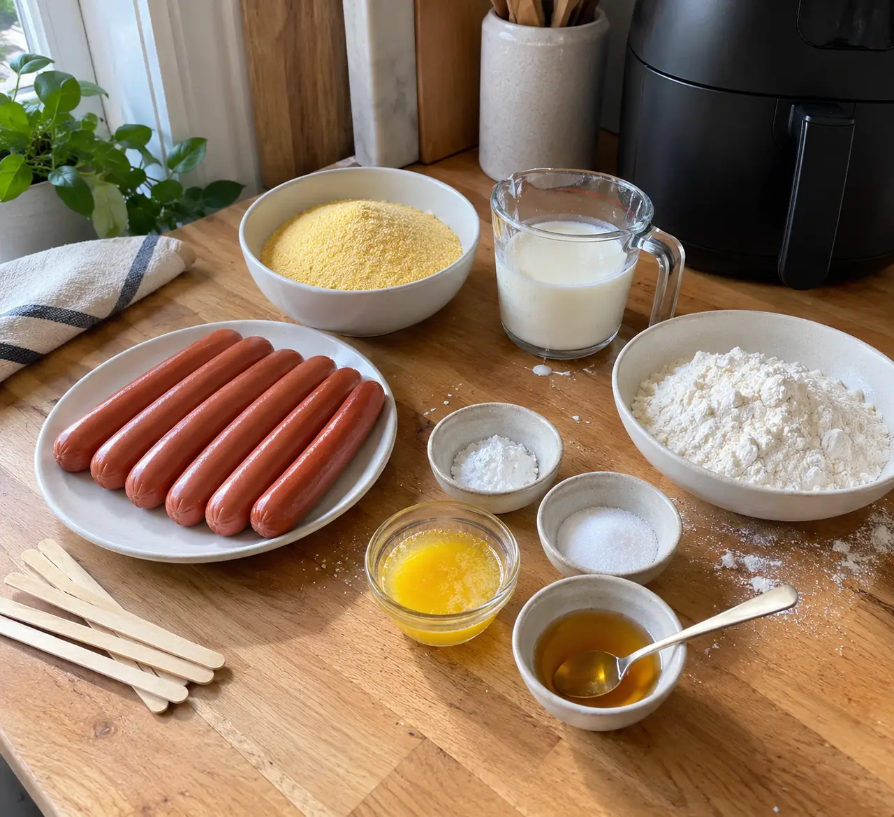 Hot dogs, cornmeal, buttermilk, flour, baking powder, salt, honey, melted butter and wooden sticks arranged on a counter