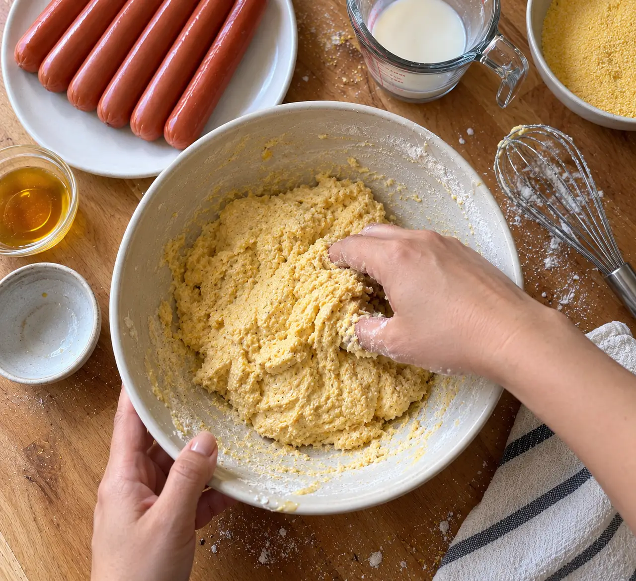 Hands kneading a thick cornmeal dough in a bowl beside hot dogs, buttermilk, cornmeal and honey