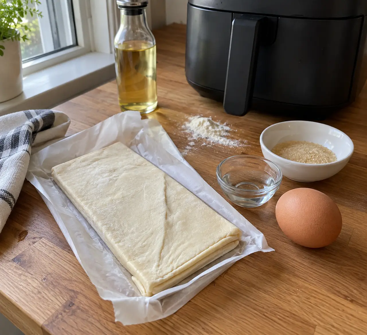 A folded sheet of puff pastry on its paper beside an egg, oil, water and coarse sugar
