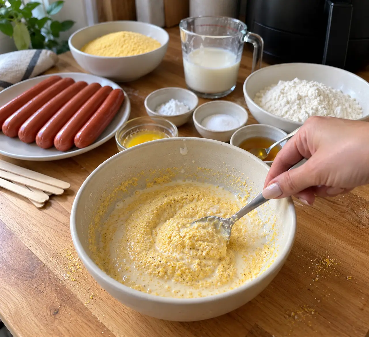 Fine cornmeal being stirred into buttermilk in a bowl to soak, with flour, honey and hot dogs waiting nearby