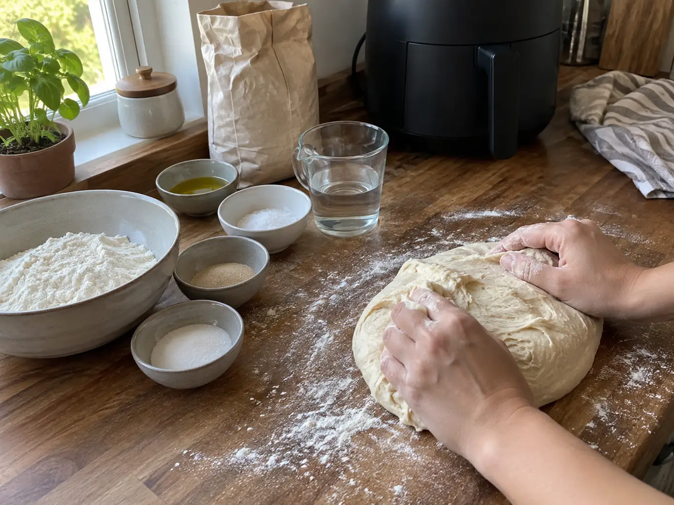 Hands kneading a soft pita dough on a lightly floured wooden counter