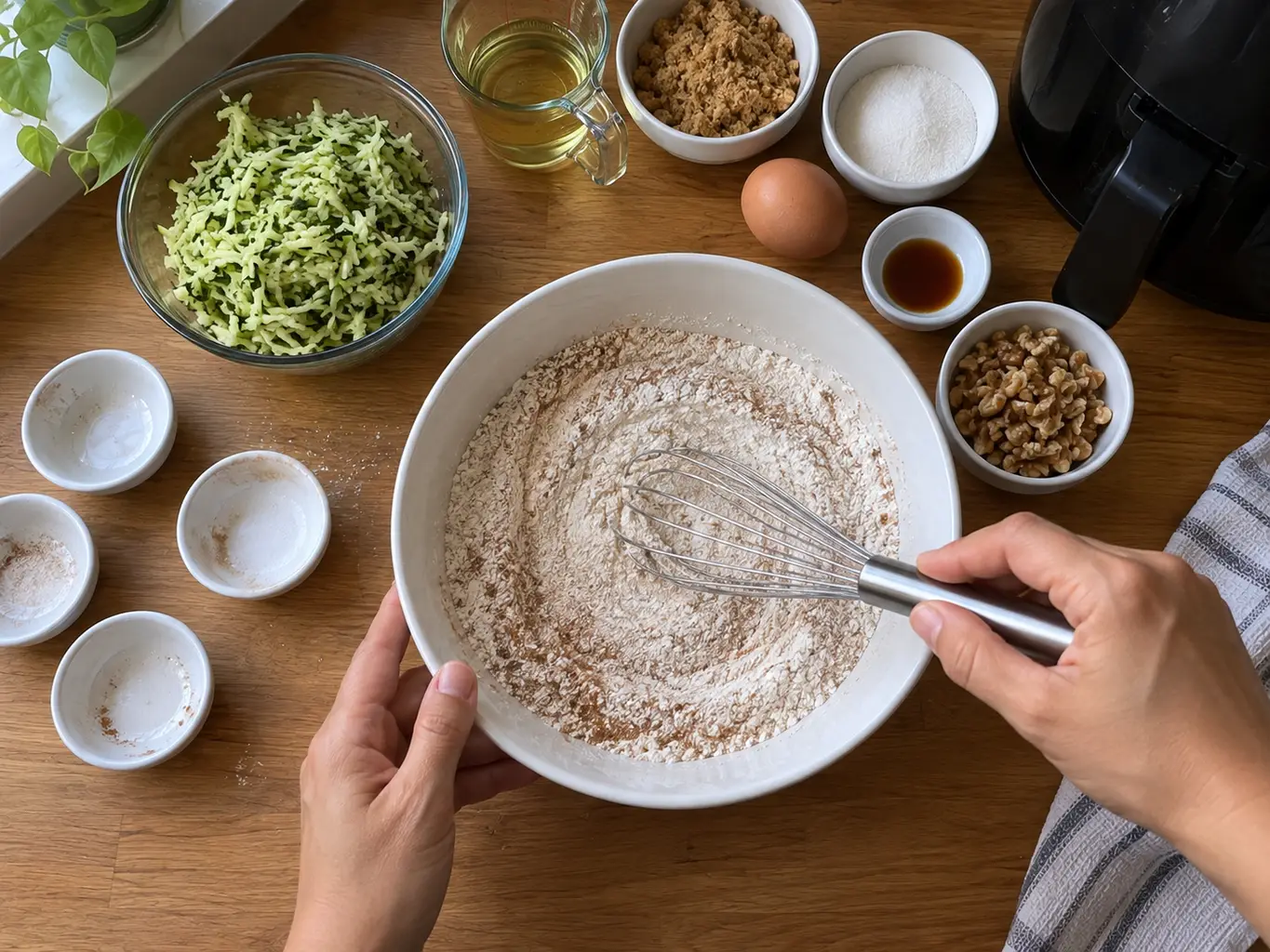 Whisking flour and cinnamon in a white bowl with squeezed grated zucchini, brown sugar, egg and walnuts measured out alongside