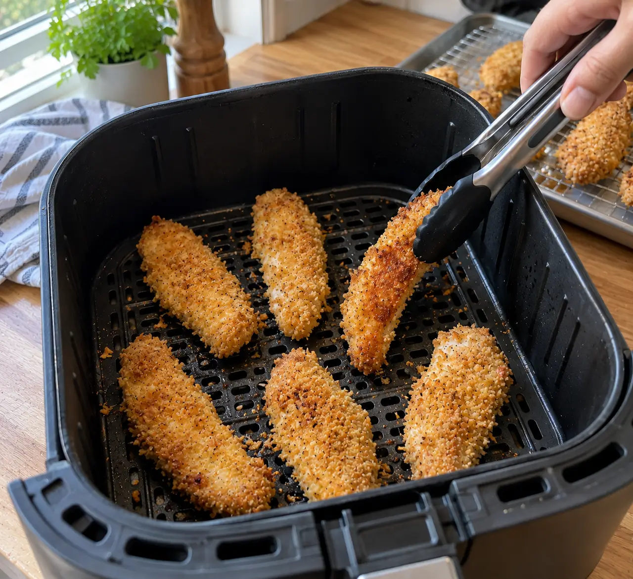 Tongs turning a chicken strip in an air fryer basket holding six strips spaced apart