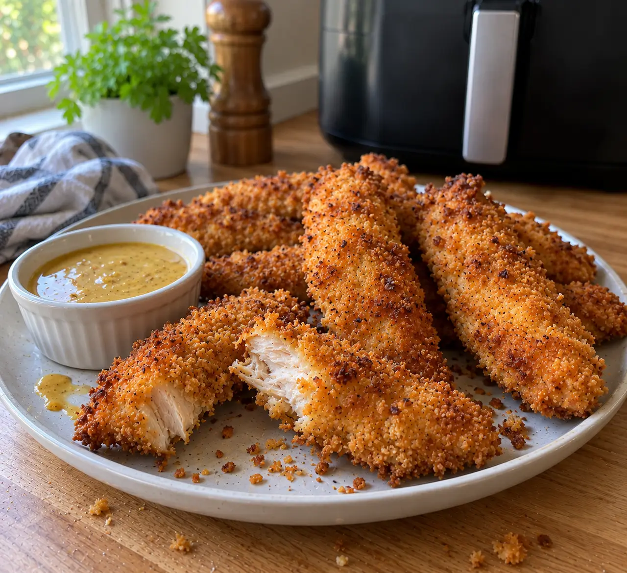 Golden panko-crusted air fryer chicken strips on a plate with honey mustard, one broken open to show the white meat