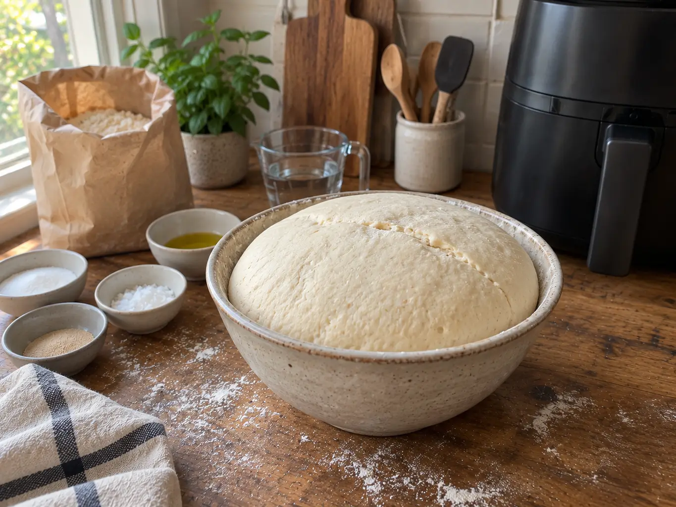 Pita dough risen and domed in a ceramic bowl on a kitchen counter