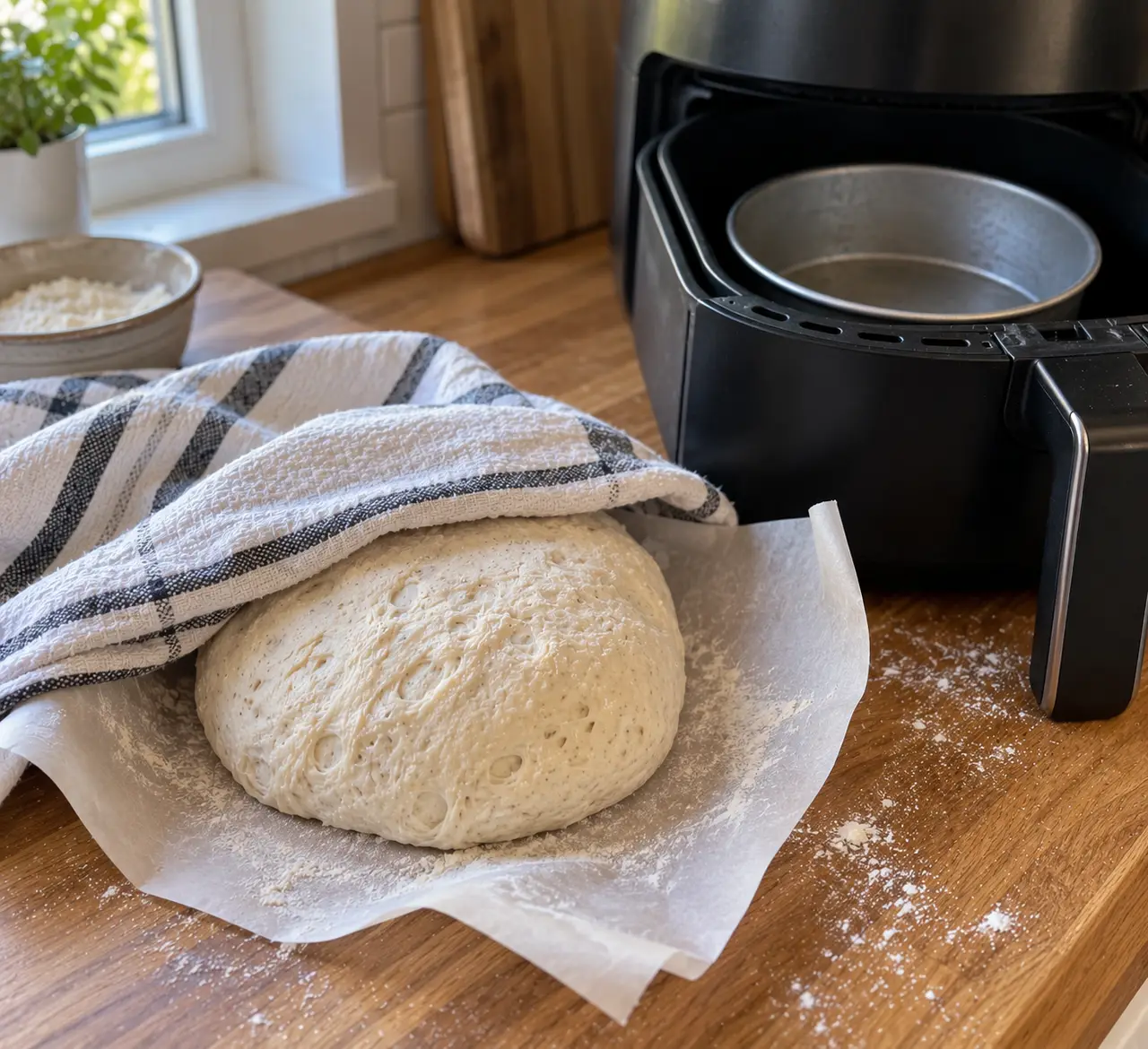 A shaped round of dough resting under a striped towel on parchment beside an air fryer holding an empty metal cake pan