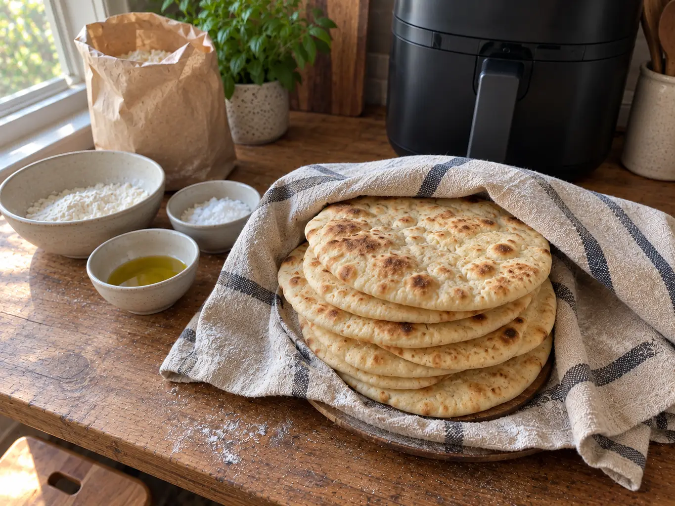 A stack of finished pita breads wrapped in a folded kitchen towel beside an air fryer