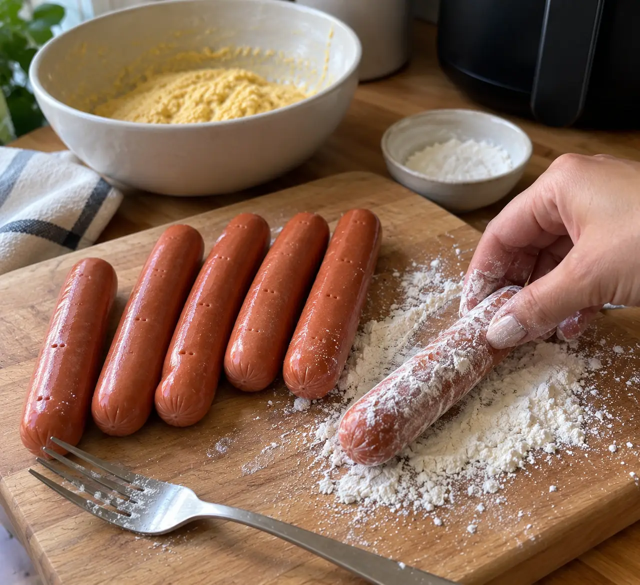 Hot dogs pricked with a fork and being rolled in flour on a wooden board, cornmeal dough waiting behind