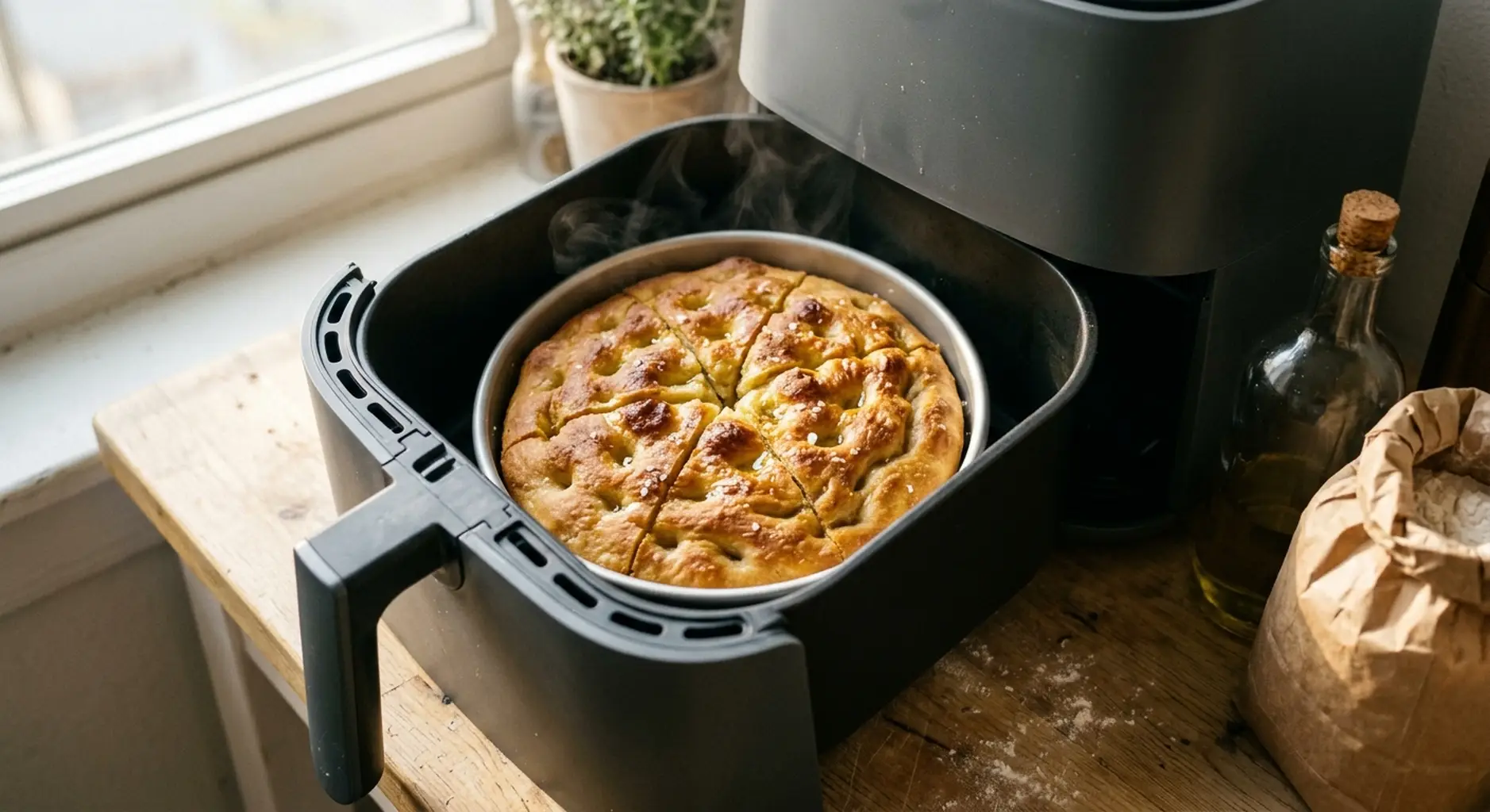 A round metal pan of golden baked focaccia sitting inside an air fryer basket