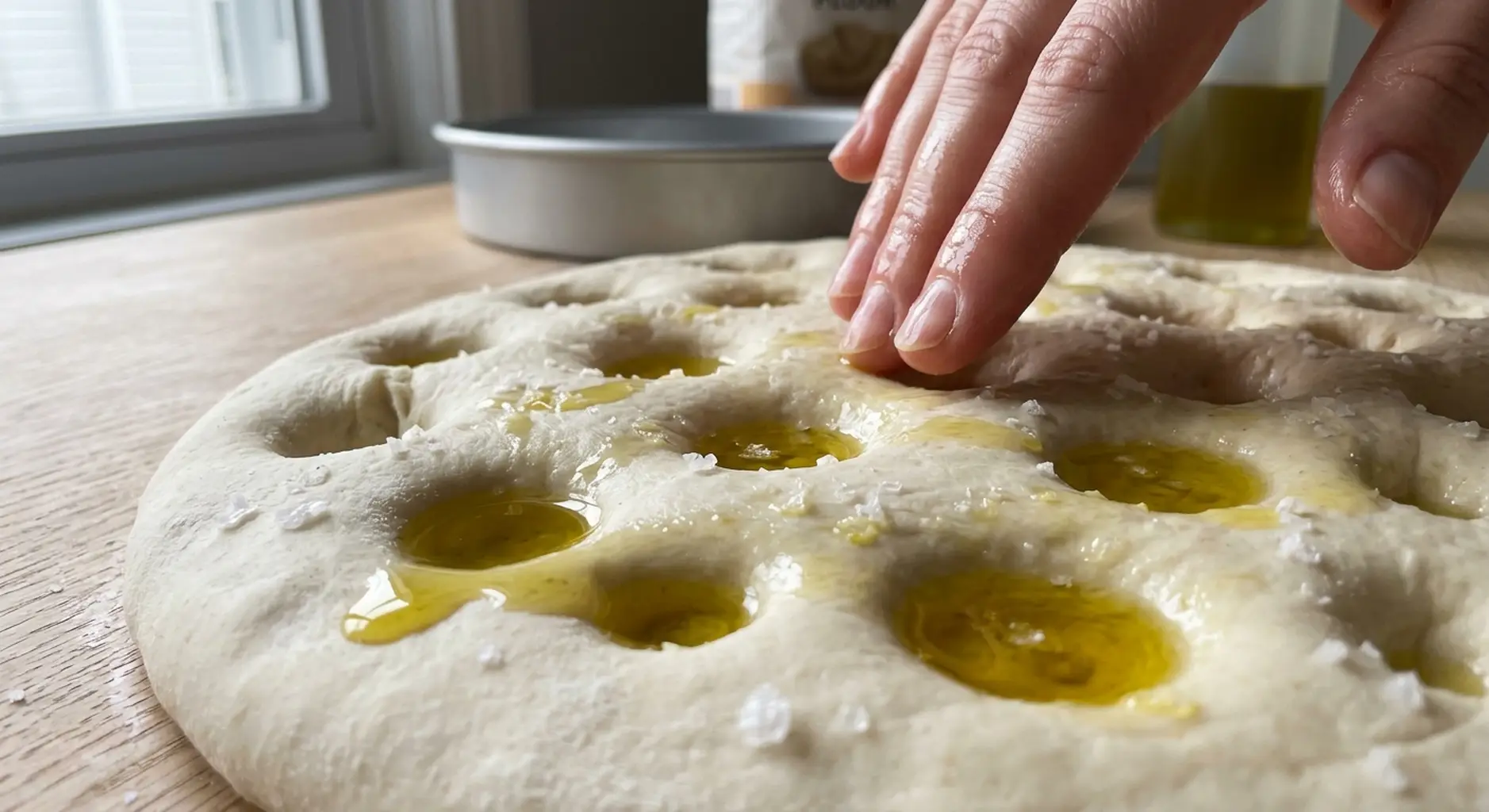 Oiled fingertips pressing deep dimples into focaccia dough with olive oil pooling in the wells