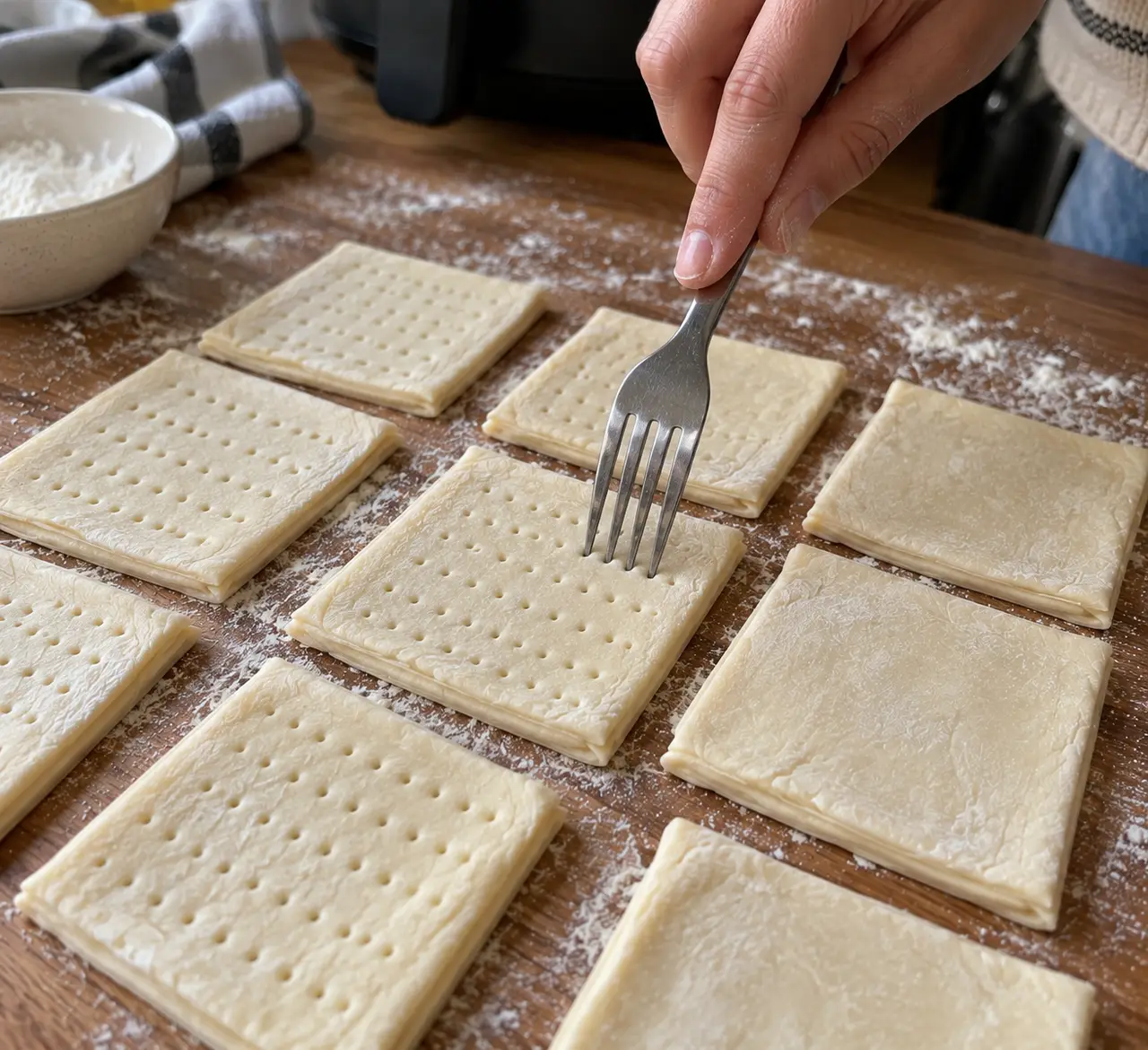 Puff pastry squares pricked all over with a fork before baking