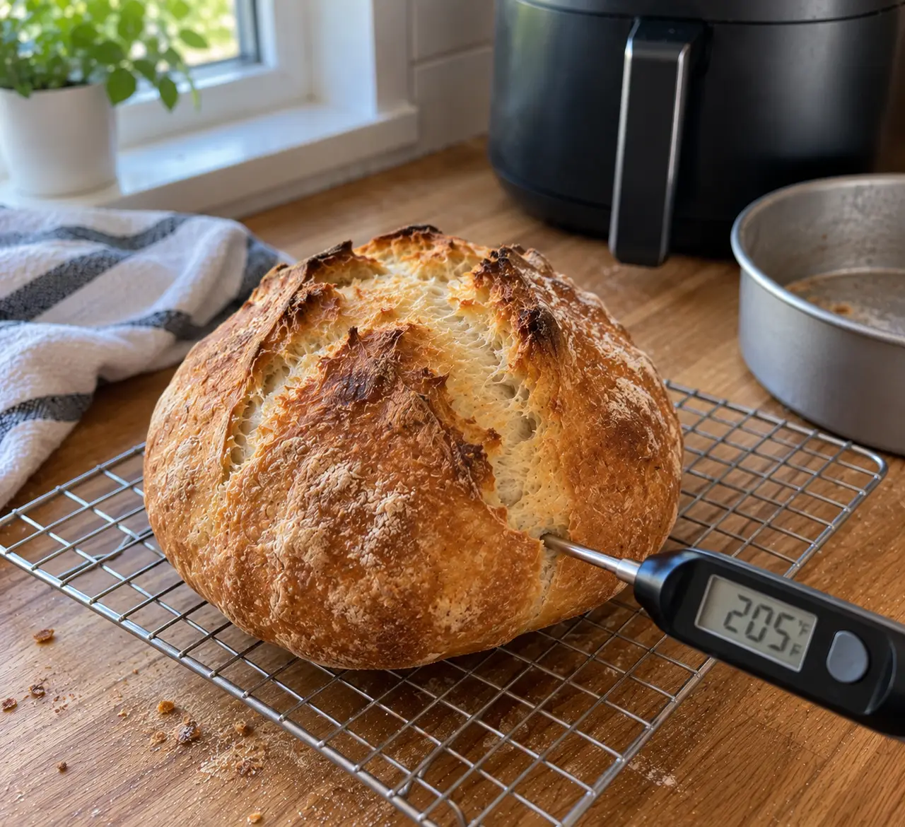 A finished crusty no-knead loaf on a cooling rack with an instant-read thermometer in its base reading 205 degrees Fahrenheit