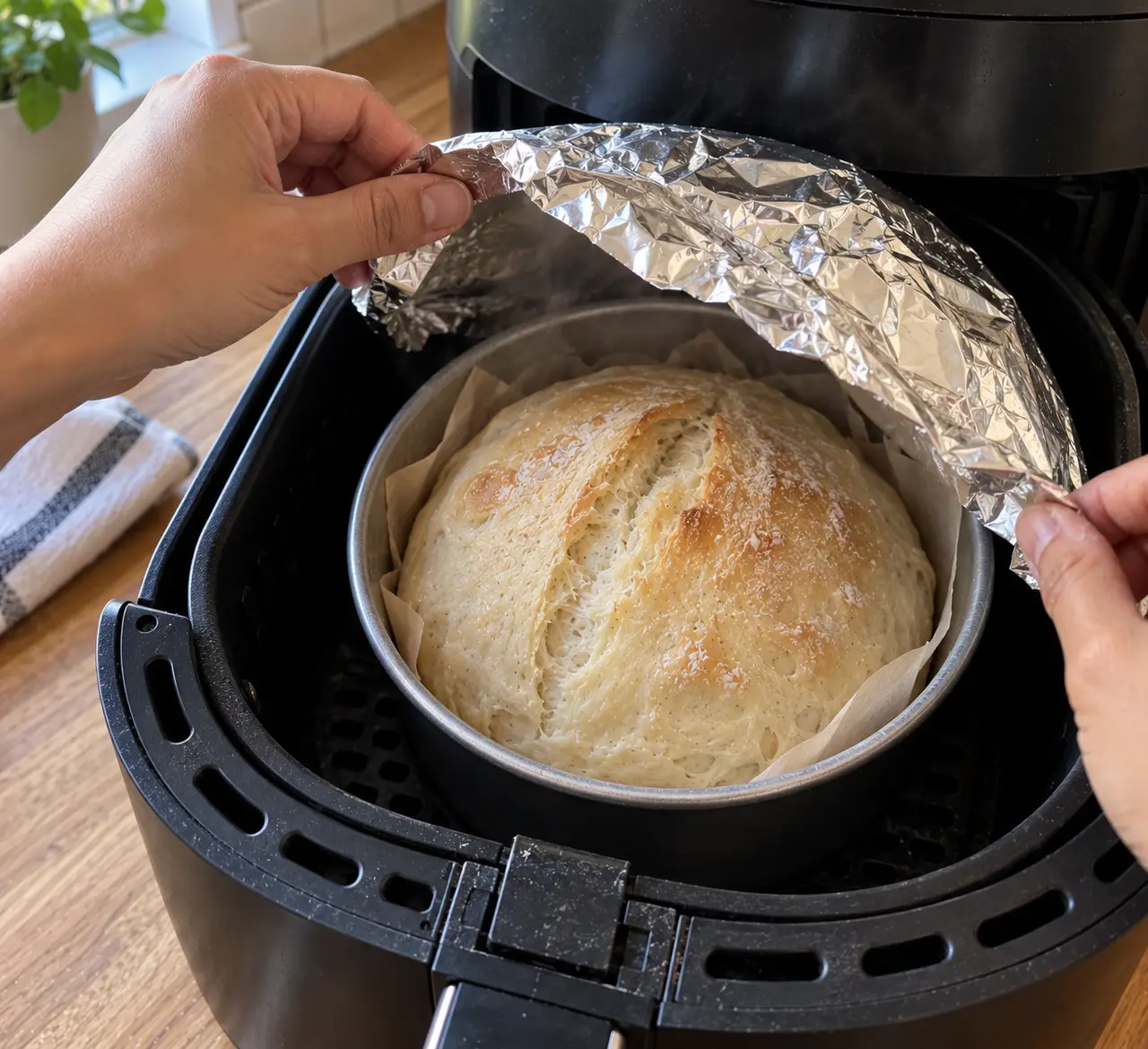 Hands peeling a foil dome off a pale risen loaf in a cake pan inside an air fryer basket, steam escaping